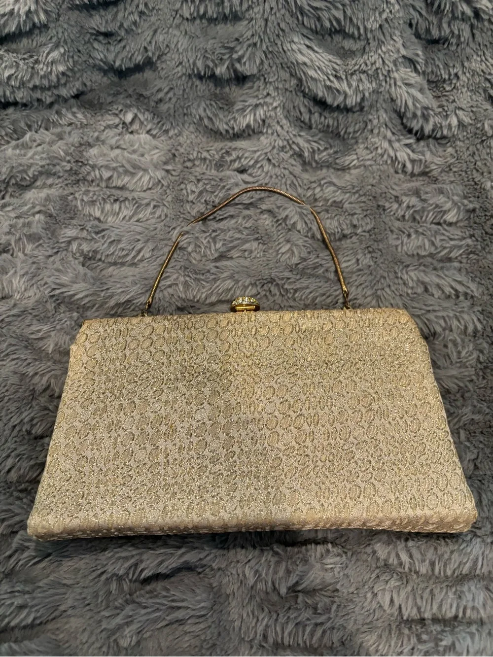 Vintage Bobbie Jerome Textured Gold Evening Clutch with Crystal Kiss Lock